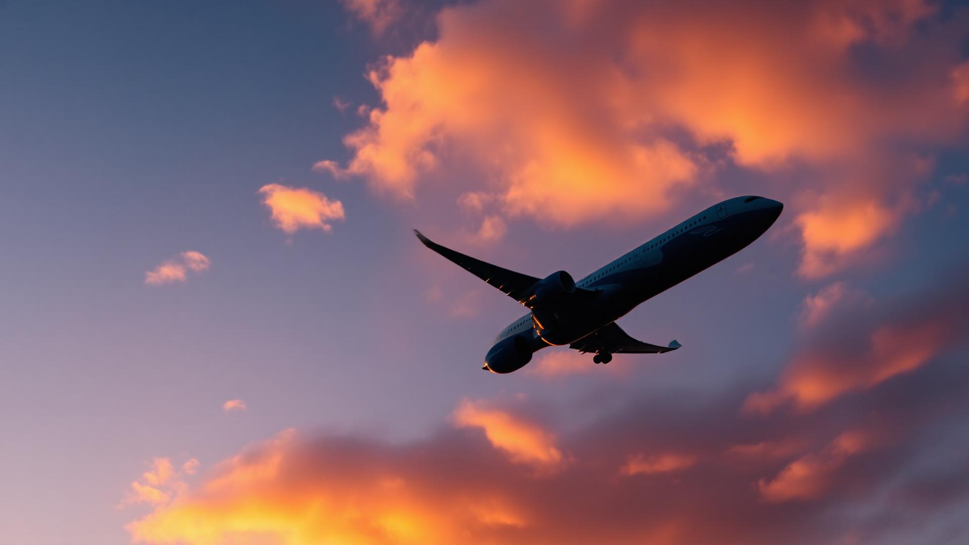 Skyways aircraft flying at sunset